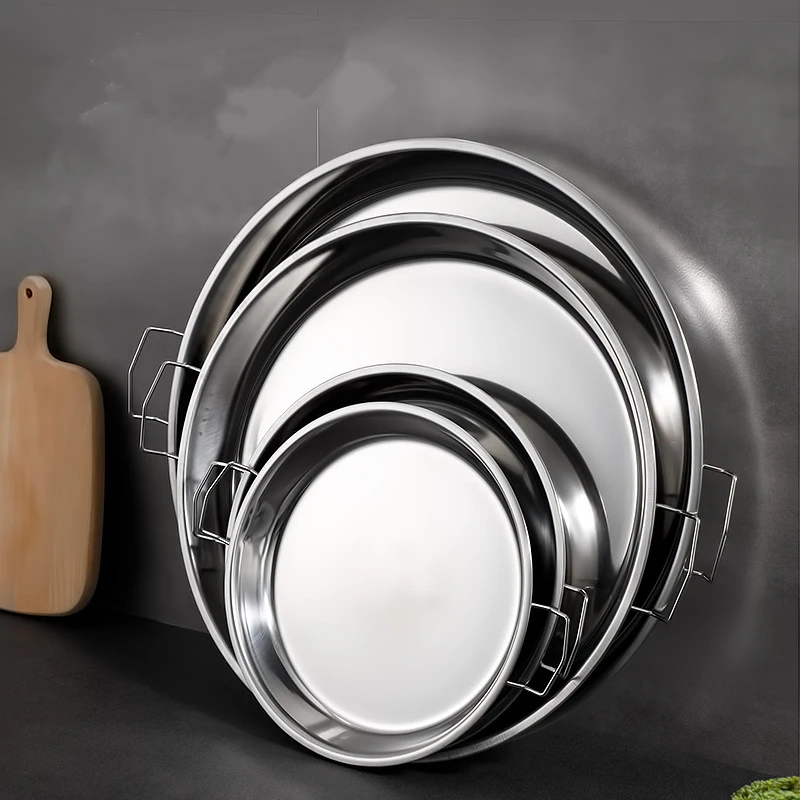 Stainless Steel Cold Noodle Making Dish Round Steamed Rice Serving Tray Kitchen Dumpling Cake Pastry Storage Pan With Ears Plate