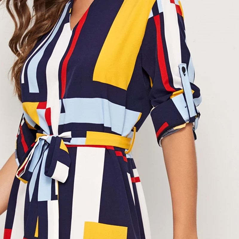 SHEIN модное Повседневное платье с v-образным вырезом и цветными блоками, с поясом, для женщин, осень, закатывающиеся рукава, пуговицы сбоку, прямые платья миди