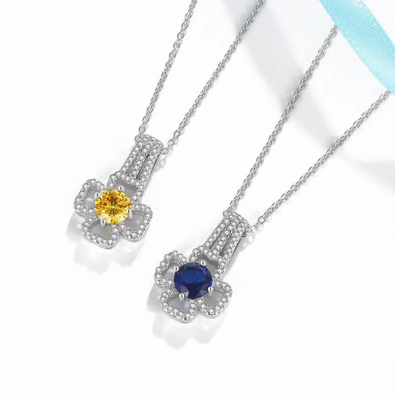 

925 Sterling Silver Female Sweet Necklace Chain Blue or Yellow Crytal Luxury Eleagnt Pendant Necklace for Women Girl Jewelry