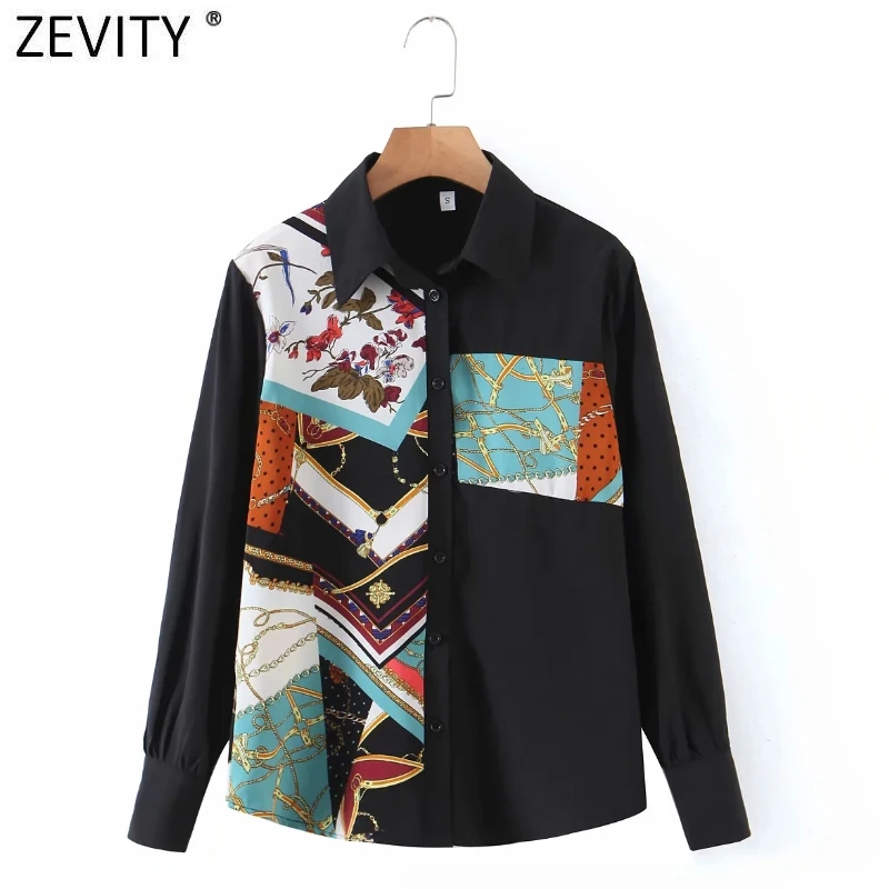 

Zevity 2021 New Women Vintage Chain Print Patchwork Black Smock Blouse Female Long Sleeve Kimono Shirts Chic Blusas Tops LS7672