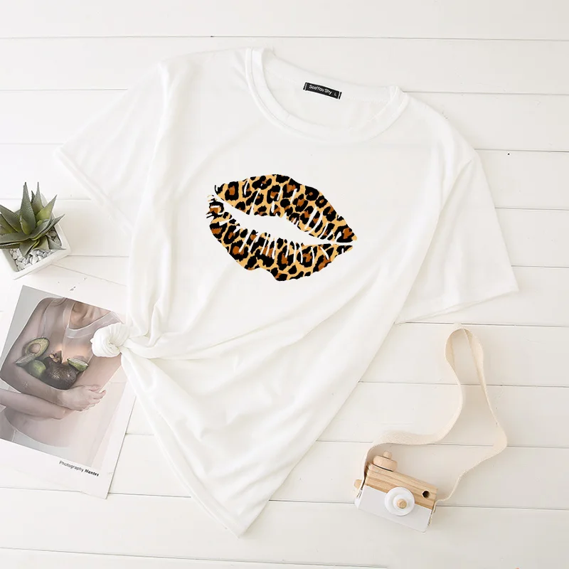 

Leopard Print Lips T-shirt Top Women Harajuku Graphic Shirt White T-shirt Print Women T-shirt Fashion Casual Streetwear