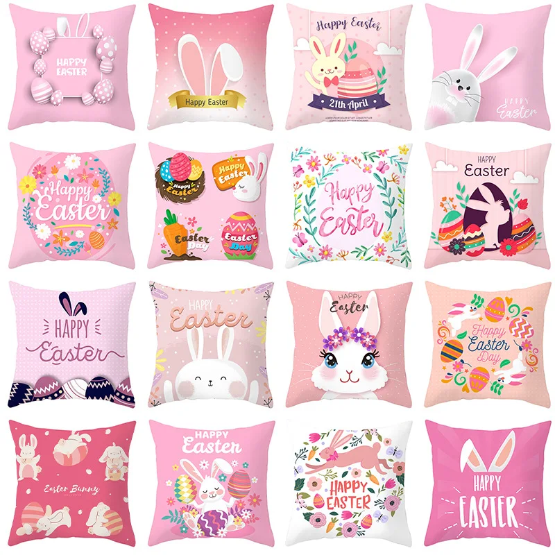 

45cm Bunny Easter Pillowcase Cushion Case DIY Easter Wreath Pink Rabbit Eggs Lumbar Pillow Cover Sofa Car Cushion Home Decor