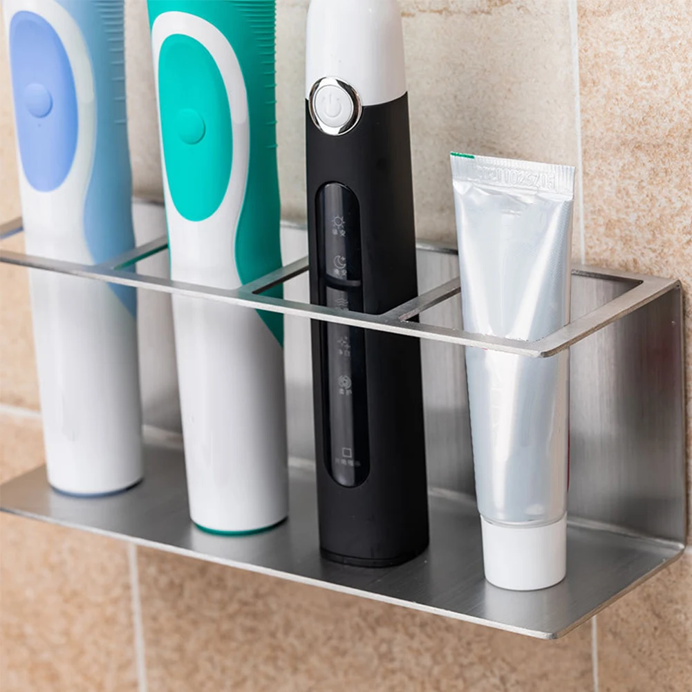 

Wall Mounted Space Saving Bathroom Toothbrush Holder Waterproof Storage Rack Silver Stainless Steel Hotel No Drilling Rustproof