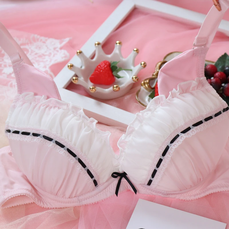 Sexy Young Girl Women's Cute Cat Underwear Set Sweet Lolita Bow Lace Trim Bra & Panties Set Lingerie Set Push Up Bra set Pink
