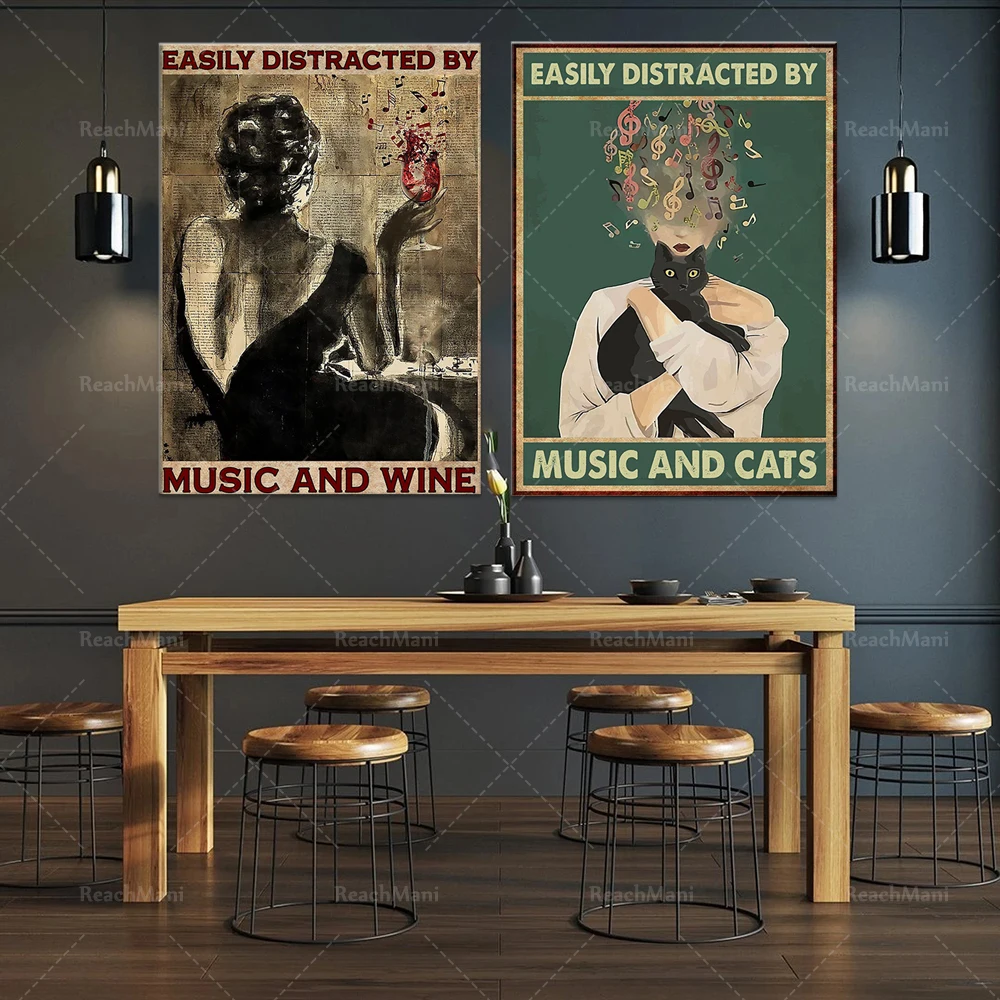 

Easy to be distracted by music and cat posters, music and wine posters, wine lovers gifts, music posters, black cat poster lover