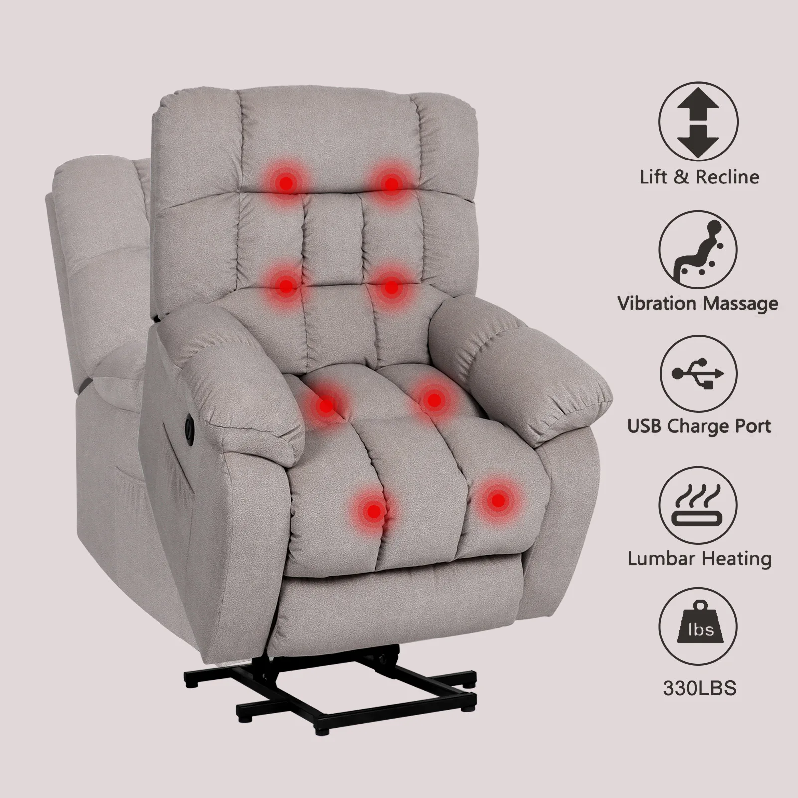 

Living Room Electric Power Lift Recliner Chairs for Elderly Plush Lift Chair with Remote Control Heat & Vibration Massage