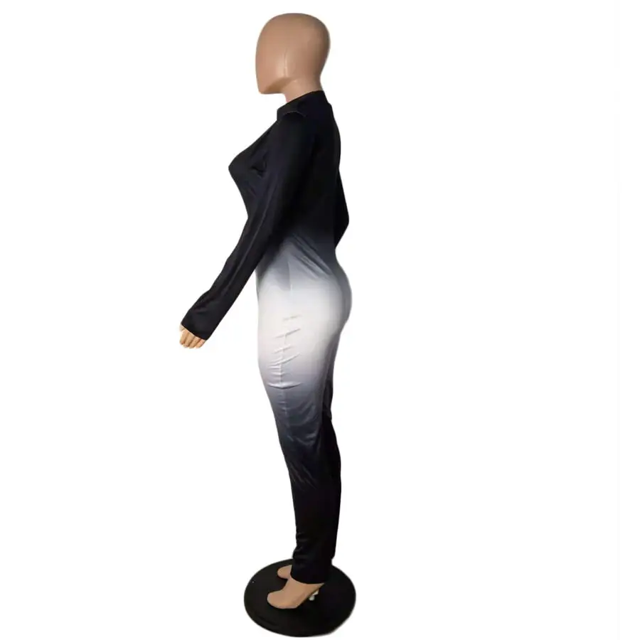 

Women Jumpsuit Gradient Zipper Up Moto Biker Sexy Club Partywear One Piece Overall Bodycon Rompers Fall winter