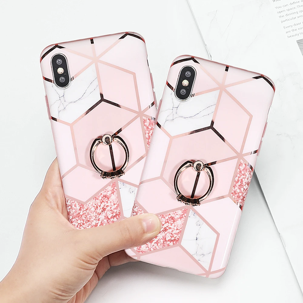 Чехол для телефона LOVECOM для iPhone 11 Pro XR XS Max 6 6S 7 8 Plus X Мягкая Гальваническая мраморная задняя крышка с кольцом на палец