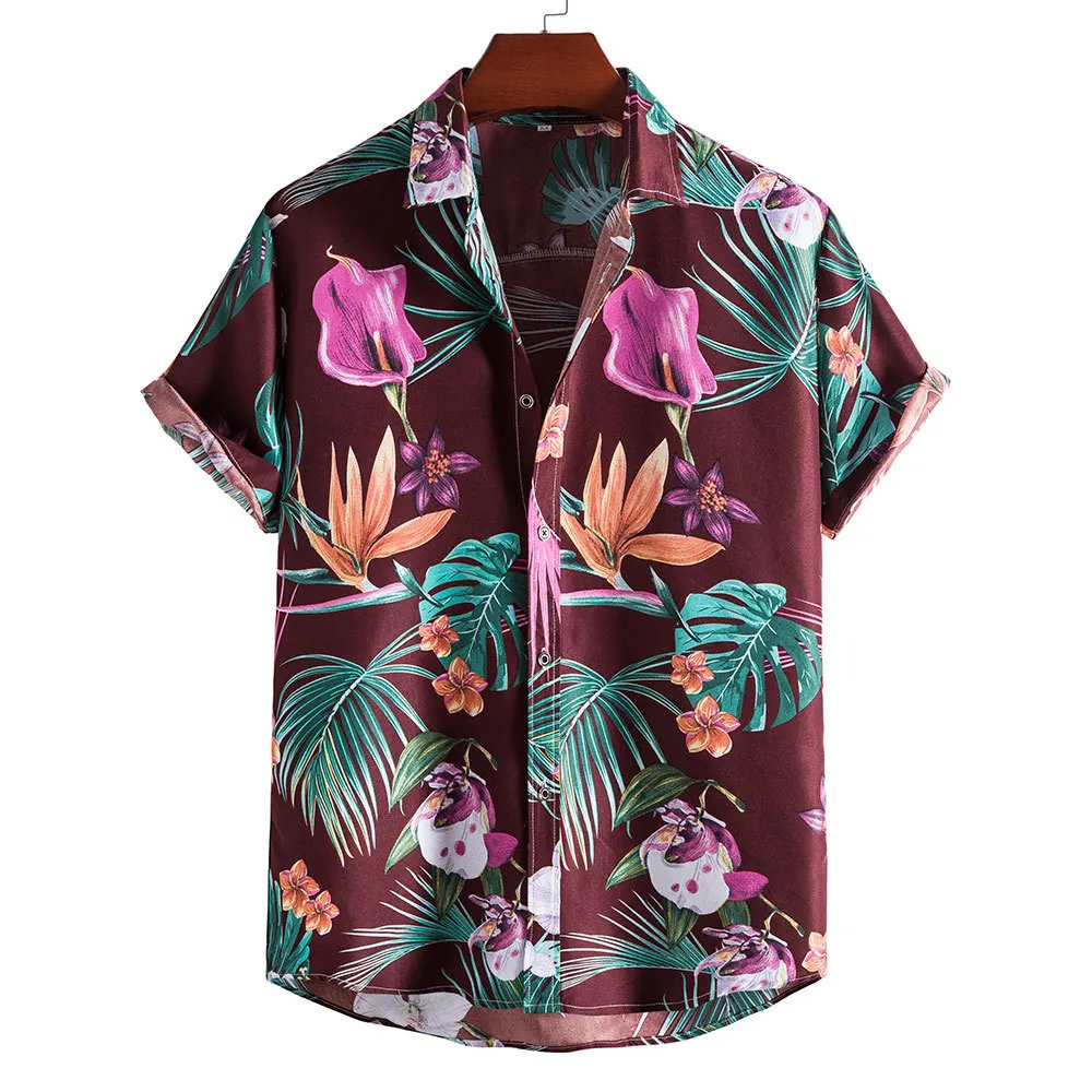 

2022 Spring Summer Fashion Men Baggy Beach Casual Hawaiian Print Short Sleeve Button Retro Shirts Streetwear Tops Blouses
