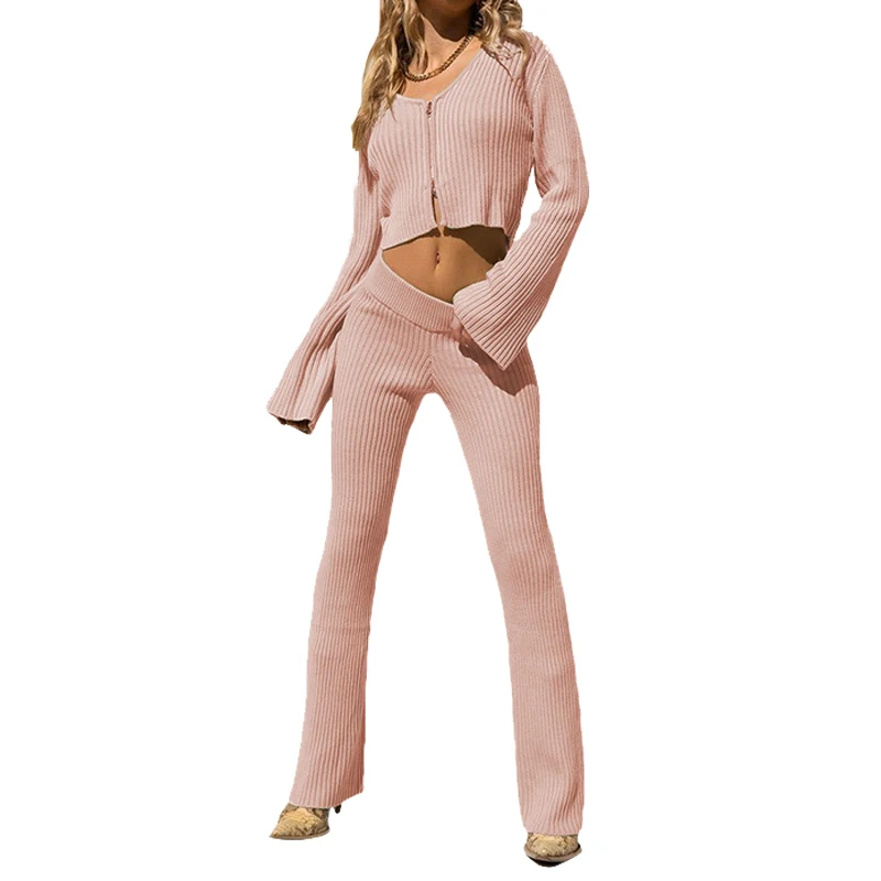 Two Piece Set Women's Cropped Shirt Knitting Pants Long Sleeve Zipper V-Collar Elastic Solid Top Sports Trousers Suit |