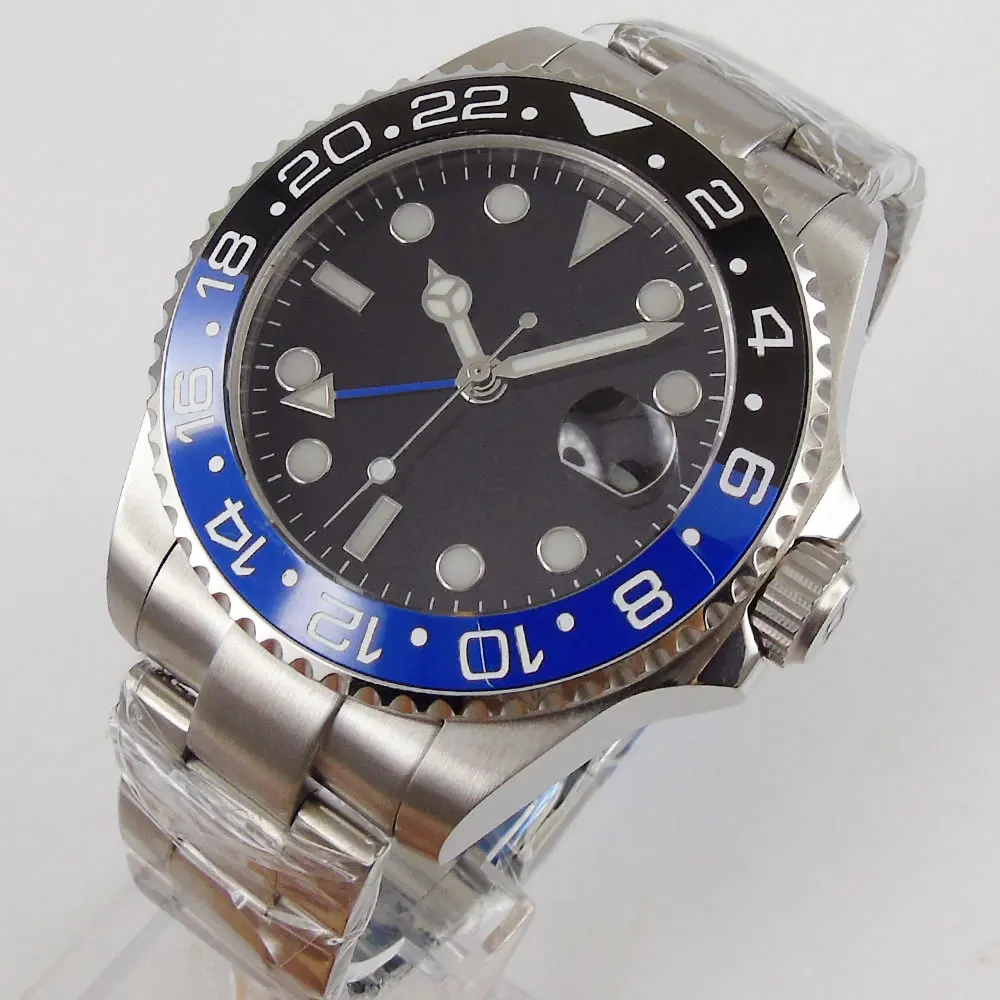 

Blue GMT 40mm Automatic Men Watch Ceramic Bezel Brushed Oyster Strap Sapphire Glass Screwdown Crown