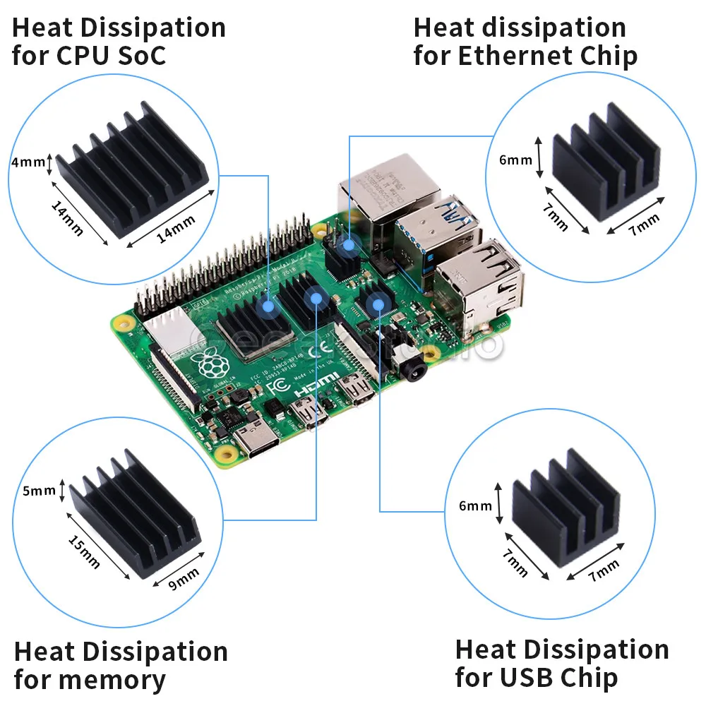 New 1 Set of 4 pcs Aluminum Heat Sink Silver / Black or 2 set 5 Pack for Raspberry Pi 4B Model B | Компьютеры и офис