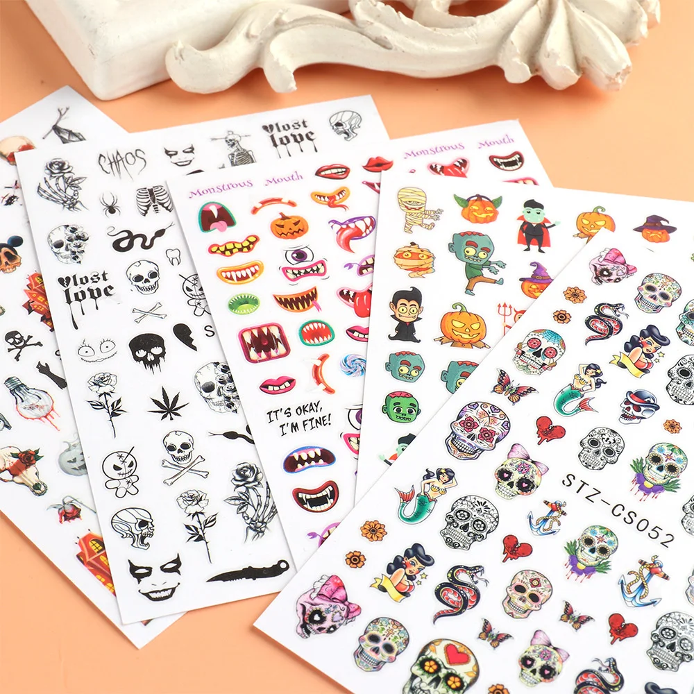 

2021 Halloween Nail Stickers Skull Head Autumn Maple Leaf Pumpkin Ghost Festival Zombie Horror Stickers Nails Cool Words Art New