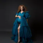 Шикарные платья для беременных из двух частей из синего тюля пышные рукава длиной до пола с боди с V-Образным Вырезом Многоуровневые платья для фотосессии