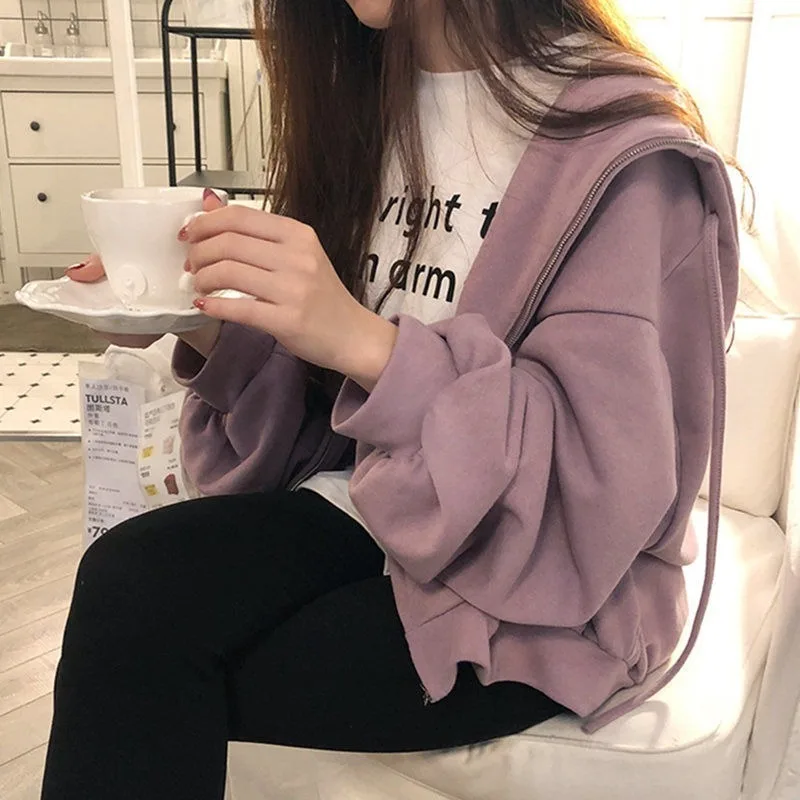 

Basic Jackets Women Oversize Thicken Warm Loose Leisure Zipper Hooded Coat Students Womens Outwear Solid Simple All-match Trendy