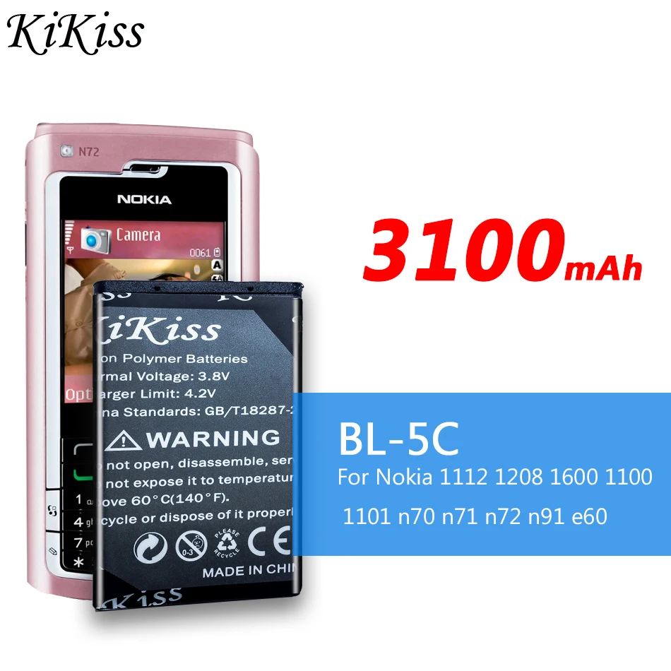 KiKiss Батарея 3100 мА/ч BL 5C для Nokia 1000 1010 1100 1101 1108 1110 1112 1116 1208 1600 2020 6680 E50 E60 N70 N71 N72 N91