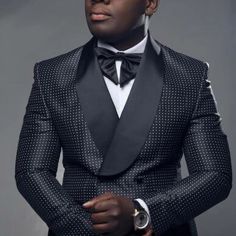 

Black Checkered Dots Men Suits with Double Breasted for Wedding Slim Fit Groom Tuxedo Two Piece Set Jacket Pants Fashion