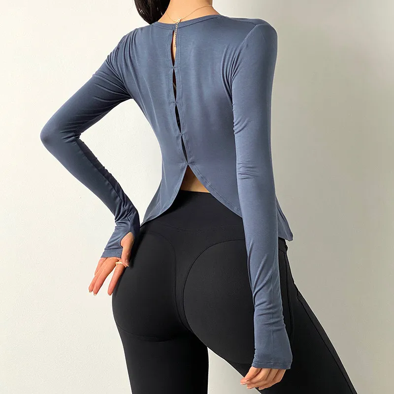 

O Neck Long Sleeve Yoga Shirt Women Back Split Cross Wrap Fitness T Shirt With Thumb Holes Workout Tops Female Sportswear