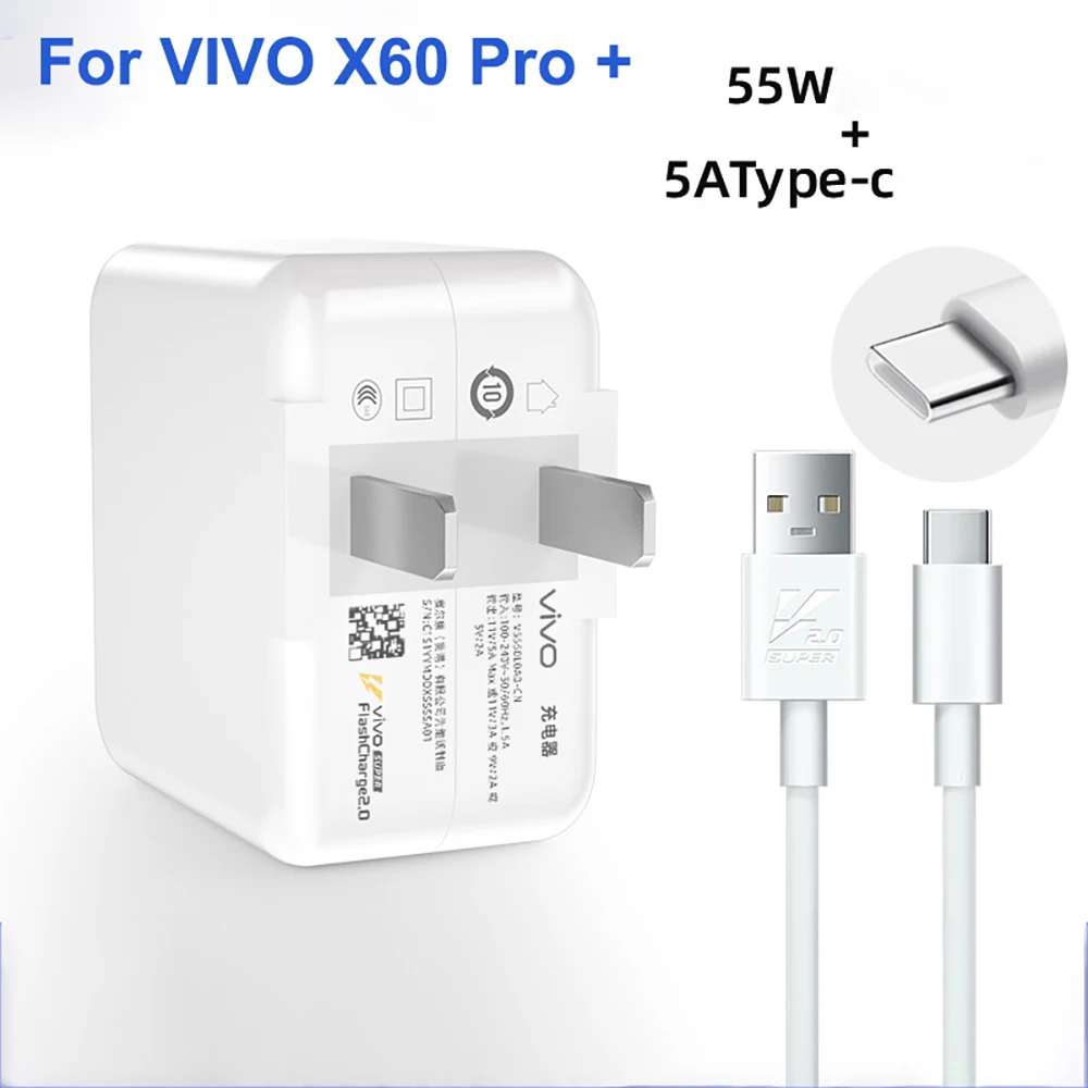 

Original For Vivo X60 Pro + USB Type-C 55W Ultra Fast Flash Charging FlashCharg 2.0 Charger Cable USB-C Cabel For VivoX60 Pro +