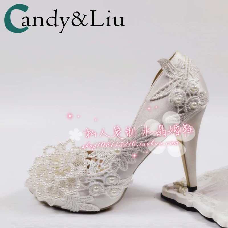 

Party Pumps White Satin Women Shoes Pearl flower wedding shoes lace white middle heel