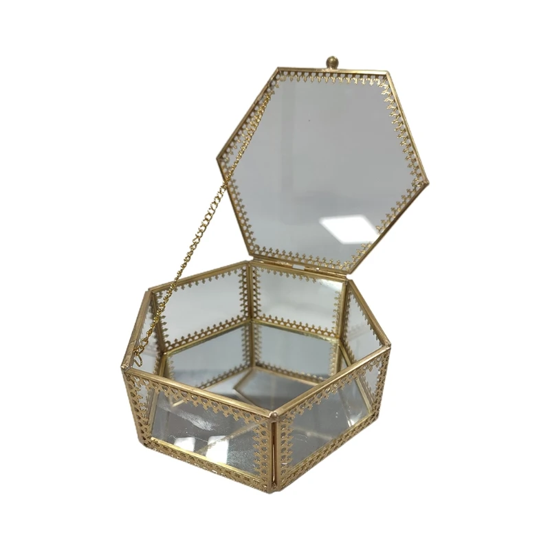 

Hexagon Gold Brass Glass Jewelry Trinket Box Jewelry Display Geometric Organizer