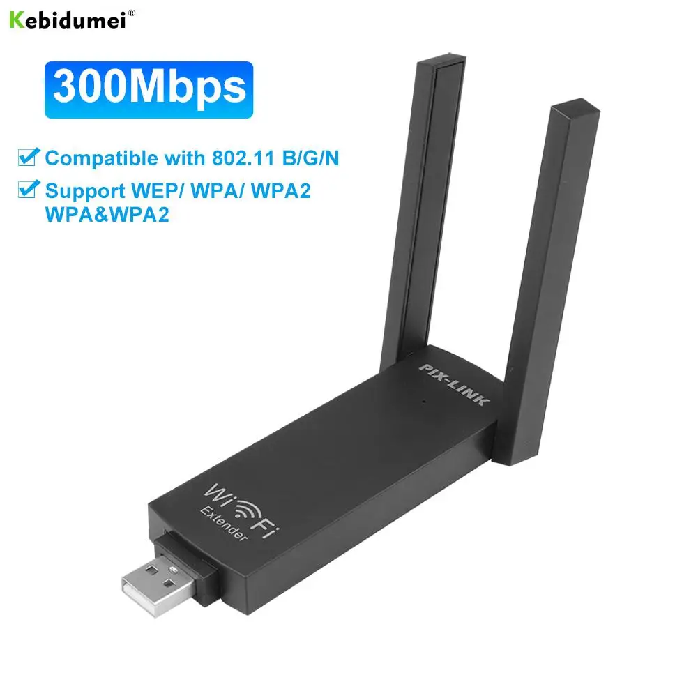 

Kebidumei 300Mbps Mini Wireless USB WiFi Repeater Network Wi-Fi Extender Range Expander Router 802.11 b/g /n with Dual Antennas