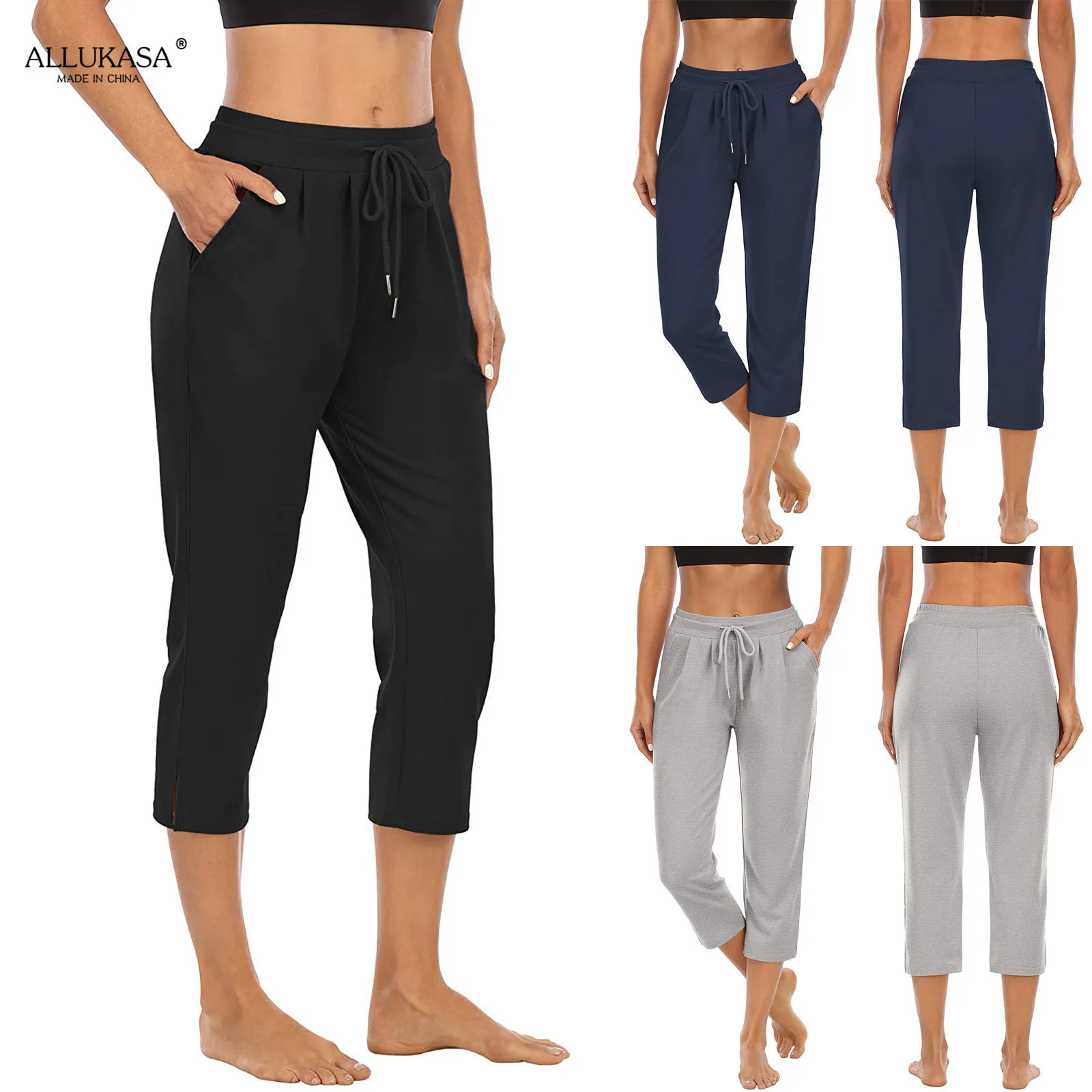 Women's  Pants Pure Color High Waist  Leggins 2021 Summer  Women Pocket Sports Fitness Yoga Wide Leg Breathable Cropped Trousers