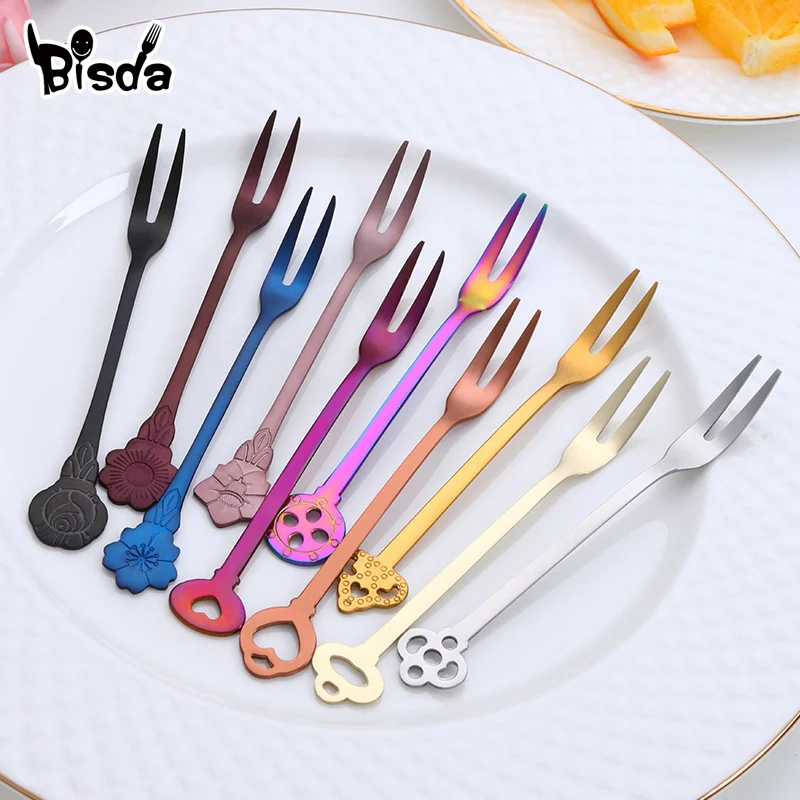 

10Pcs Stainless Steel Fruit Forks Colorful Lovely Dinnerware Flower Shape Cake Tea Fork Dessert Flatware Party Utensils