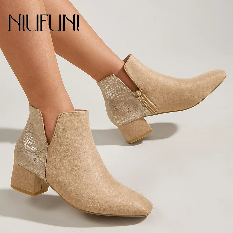 

NIUFUNI Autumn Casual Western Cowboy Ankle Boots Women's Sequined Cowgirl Booties Short Cossacks Botas High Heels Shoes Suede