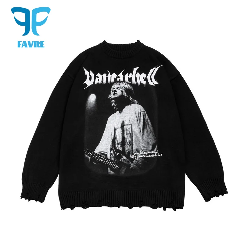 

FAVRE Vintage Hole Knitted Sweater Men Rock Singer Pattern Harajuku Pullover Hip Hop Frayed Streetwear Casual Sweaters Jumpers