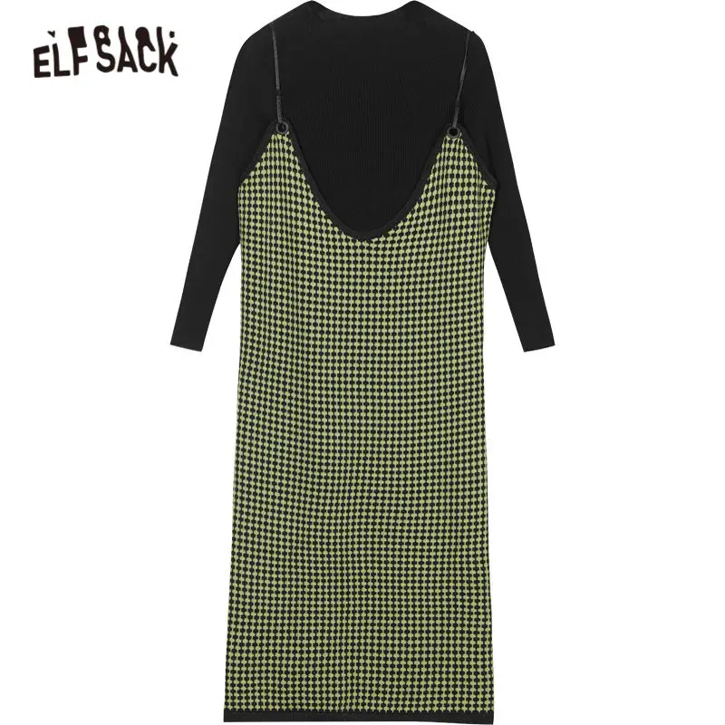 

ELFSACK Black Plaid Brit Graphics Knit Casual Women Matching Sets 2020 Winter New Green Elegant Office Ladies Two Piece Suits