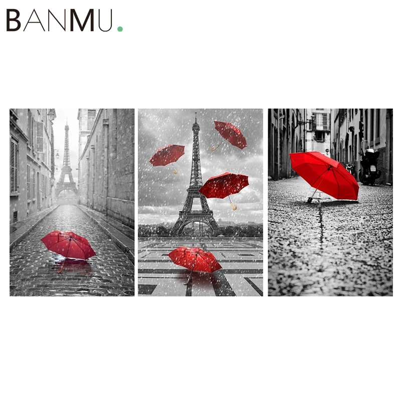 

BANMU 3 Panel Wall Art Canvas Painting Eiffel Tower Poster Red Umbrella on Paris Street Home Decor for Bedroom Decoration
