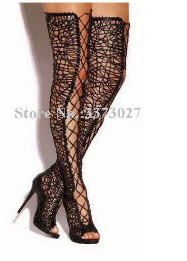 

Woman Sexy Lace Thigh High Boots Fashion Peep Toe Stiletto Heel Over the Knee Boots New Lace-up Beige Long Boots Dropship