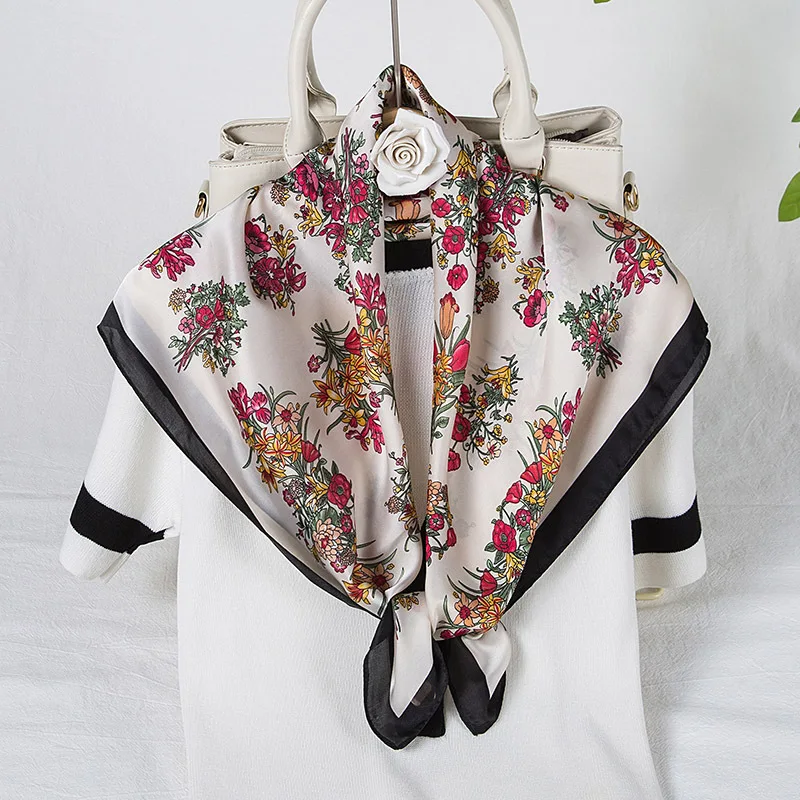 

New Fashion Ladies 70*70cm Square Scarf Narcissus Flower Print High Quality Silk and Satin All-match Decoration