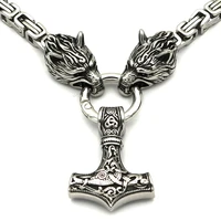 stainless steel celts wolf heads chain amulet thor hammer mjolnir odin symbol talisman viking jewelry mens necklaces pendants