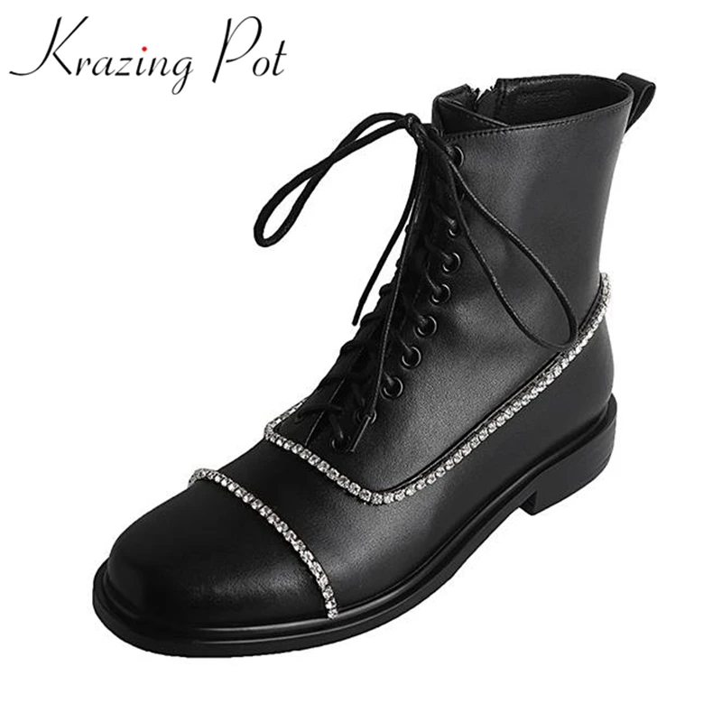 

krazing pot cow leather round toe diamond Chelsea boots lace up crystal beading luxury keep warm thick low heels ankle boots l77