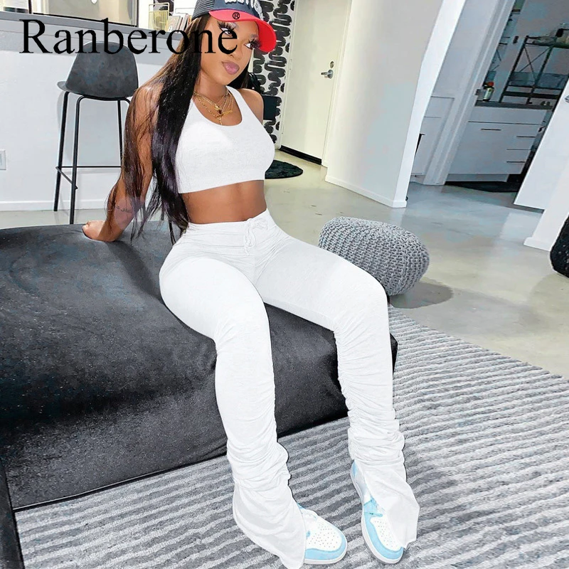New Sport Suit Female 2020 Tank Top And Stacked Pants 2 Piece Set Women Casual Sportswear Sleeveless Tracksuits Workout Sets