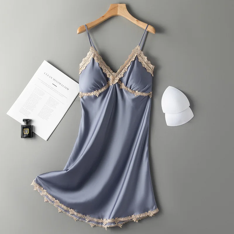 

Sexy Nightdress Women Soft Home Dressing Gown Spaghetti Strap Nightgown With Pads Summer Sleepwear Intimate Lingerie Nightwear
