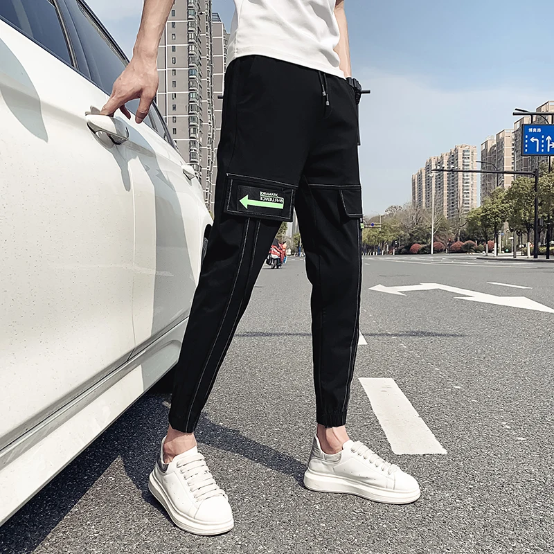 

34-28 Fashion 2021 Korean Slim Fit Men Harem Pants Summer All Match Fold Design Casual Trousers Ankle Length Joggers Black/Gray