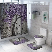 simple plant print polyester waterproof shower curtain set bathroom toilet cover non slip absorbent bath mat carpet floor mat
