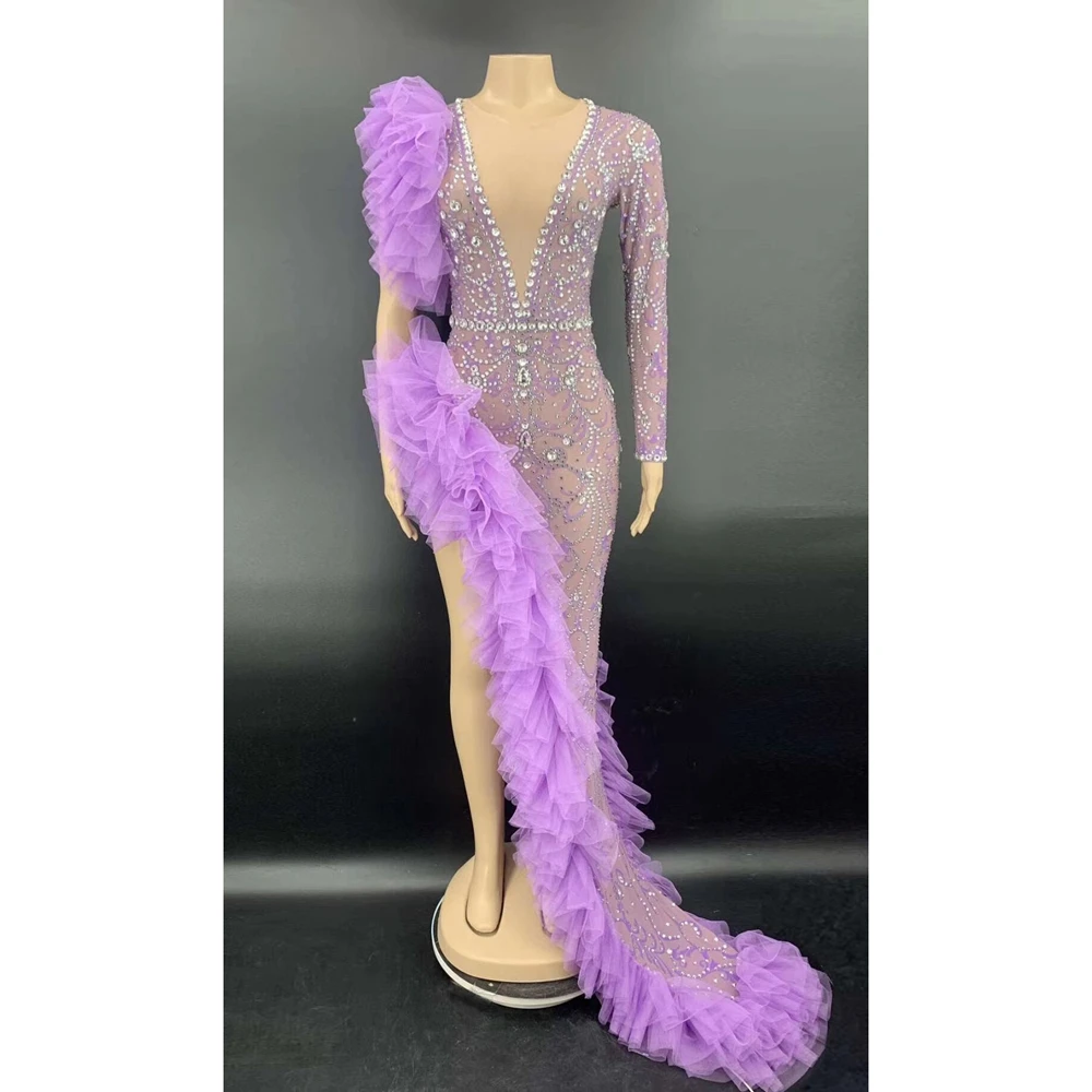 

Фиолетовое Сетчатое прозрачное длинное серебристое платье с длинным рукавом для празднования дня рождения, женское вечернее платье, наряд ...