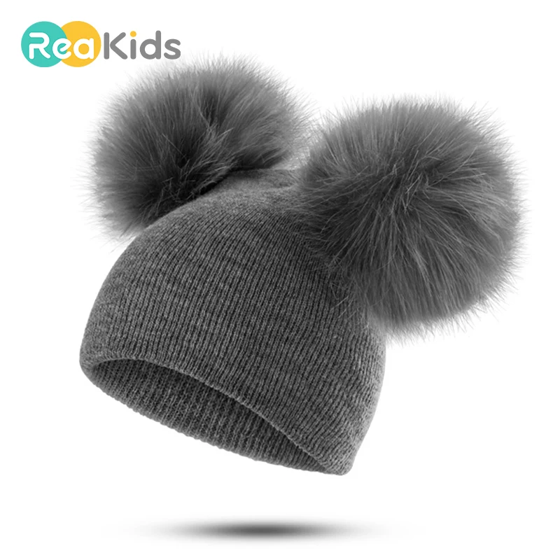 REAKIDS Модная вязаная шапочка для малыша, зимняя детская шапка с помпонами для мальчиков и девочек, детские шапочки с помпонами, милая хлопковая шапка, теплая шапка для младенца