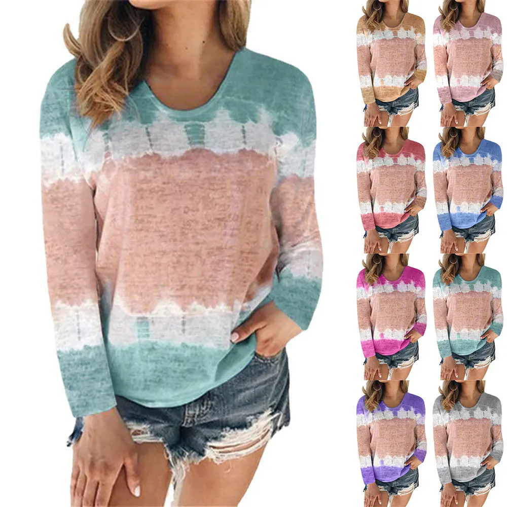 

2021 Tie Dye Print Long Sleeve Top Women T Shirts Casual Female Autumn Loose Tops Streetwear Clothing
