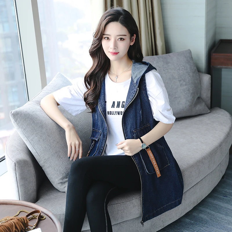 

Spring Autumn Slim Women Denim Vest Sleeveless Hooded Dark Blue Long Coats Embroidery Zipper Office Lady Jacket Outerwear