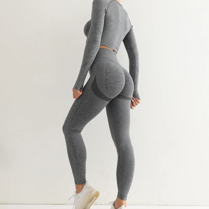 Fitness Women Sport Seamless Suits O Neck Sleeve Length Skinny Top High Elastic Workout Leggings Gym Athletic Running Yoga Suits