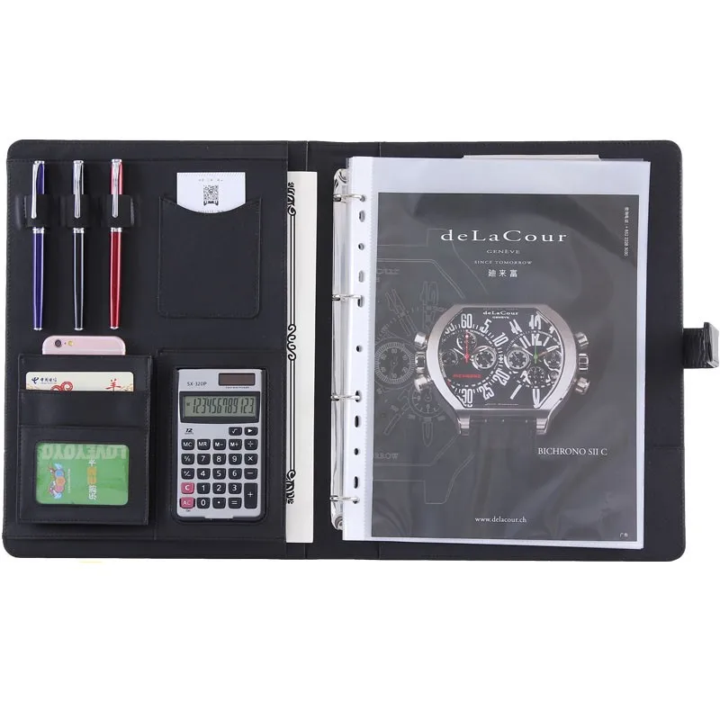 A4 Leather Folder Documents Binder Multi-function Calculator Pen Data Storage Bag Business Organizer Sturdy Office Manager Clip