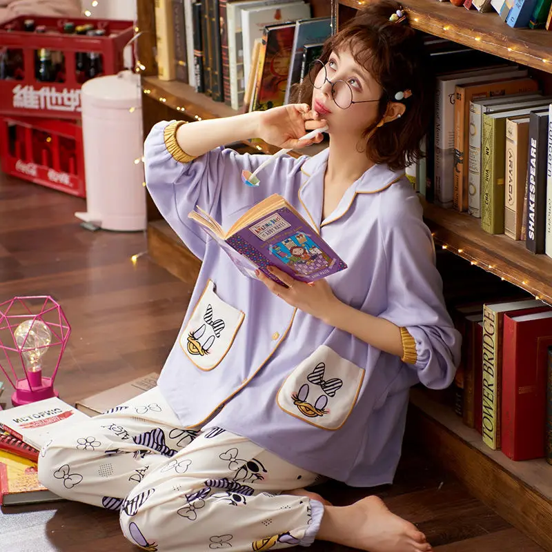 Cotton Pajamas for Women Spring and Autumn Lapel Thin Suit Autumn and Winter Ladies Long-sleeved Pajamas Home Wear Pajamas Women