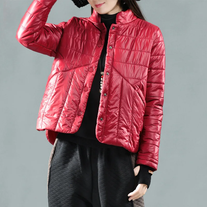 Fashion winter new loose solid color bright down cotton warm jacket stand collar long sleeve quilted clothing women | Женская одежда