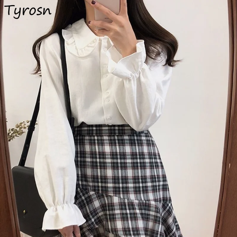 

Shirts Women Solid Sweet Tender Peter Pan Collar Ruffles Lovely Ulzzang Casual S-3XL All-match Femme Long Flare Sleeve Blouses