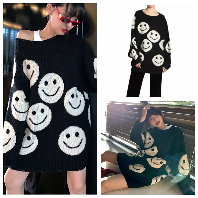 Kendall Jenner Same Style Female Fashion Smile Face Sweater Winter Casual Streetwear Tops Loose Pullover Knit Sweaters Clothes | Женская